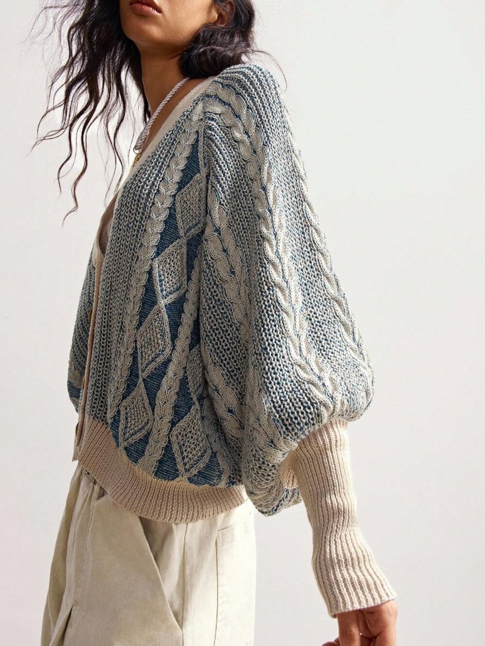 Blue Casual Women's Minimalist Lantern Sleeve Single-Breasted Knit Cardigan - Picture 5 of 8